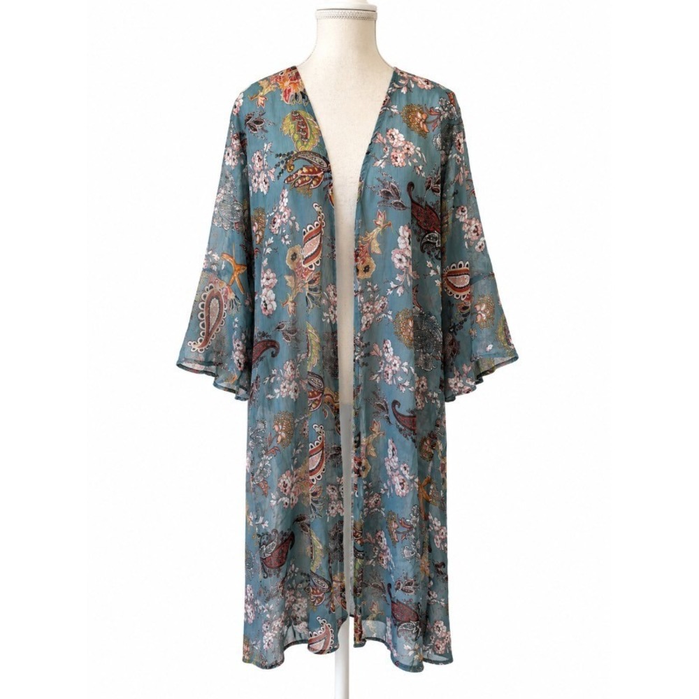 Lildy Womens Paisley Floral Kimono Cardigan Teal‎ Bell Sleeve Duster L XL